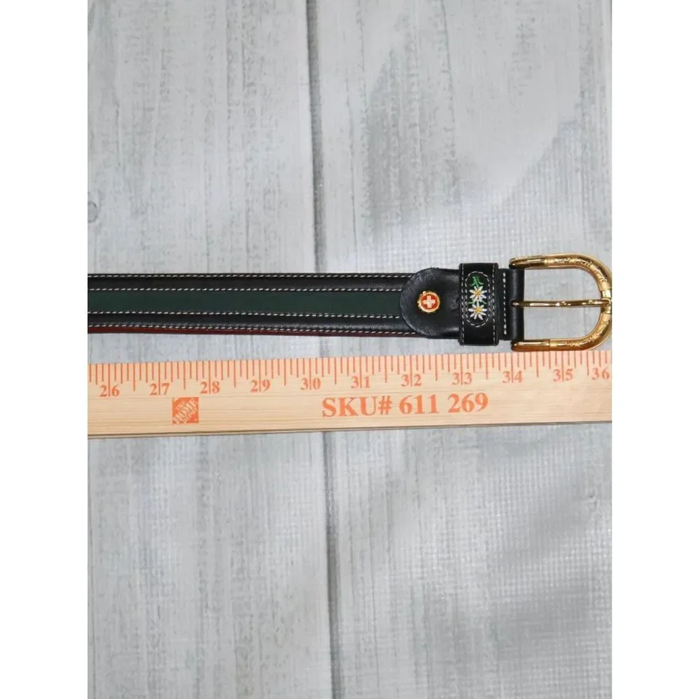 Vintage Swiss Folk Michel Jordi Women's Leather Belt Cow Print Golden Buckle